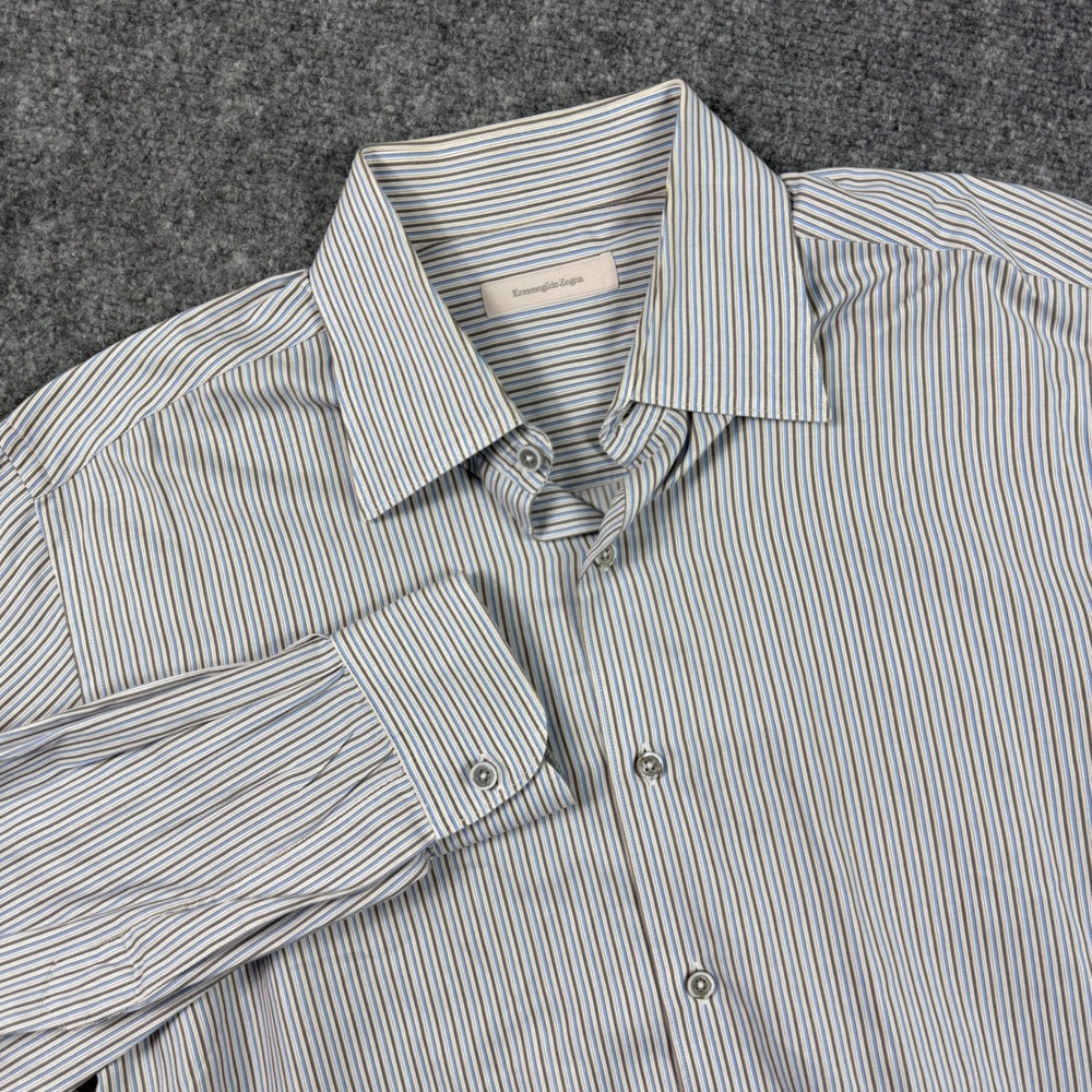 Ermenegildo‎ Zegna Shirt XL Blue Gray Striped L/S Business Made In Italy Men's